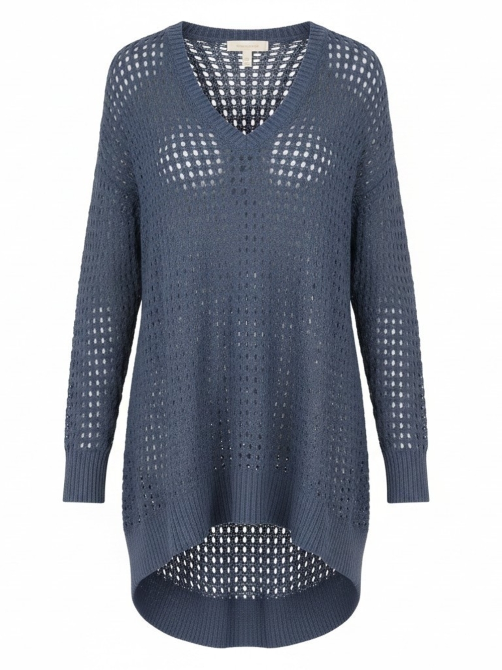 Michael Kors V-Neck Open-Knit Tunic Sweater in Slate Blue